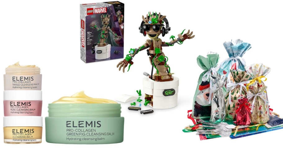 stock image of elemis pro-collagen cream set, lego marvel groot building toy, and kringle express gift bag set