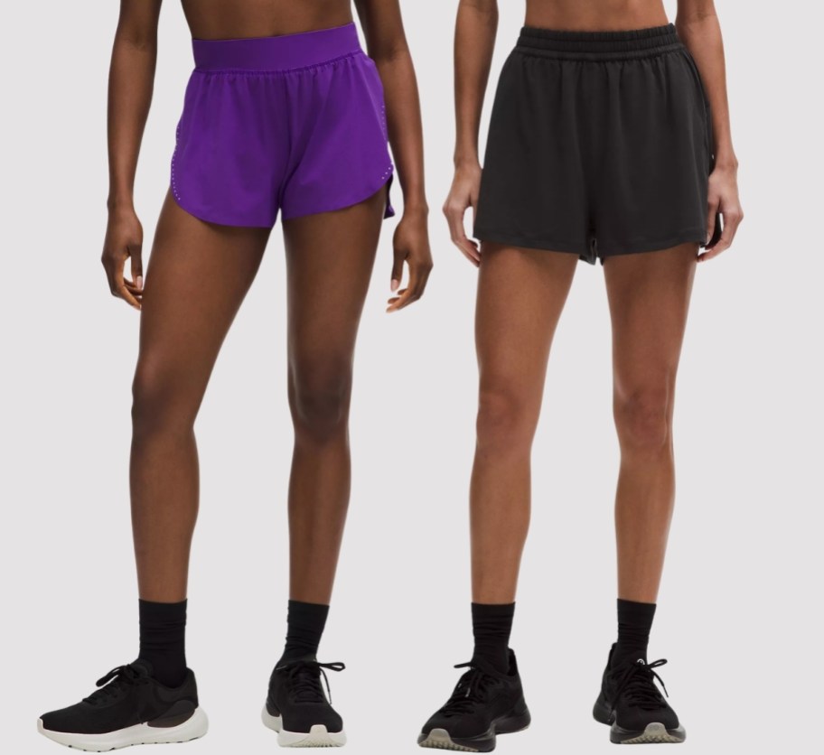 two women wearing athletic shorts in different styles and colors