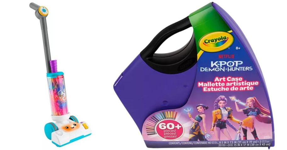 Fisher-Price Laugh & Learn 2-in-1 Vacuum Electronic Learning Toy and Crayola K Pop Demon Hunters 40-Piece Coloring & Sticker Art Case