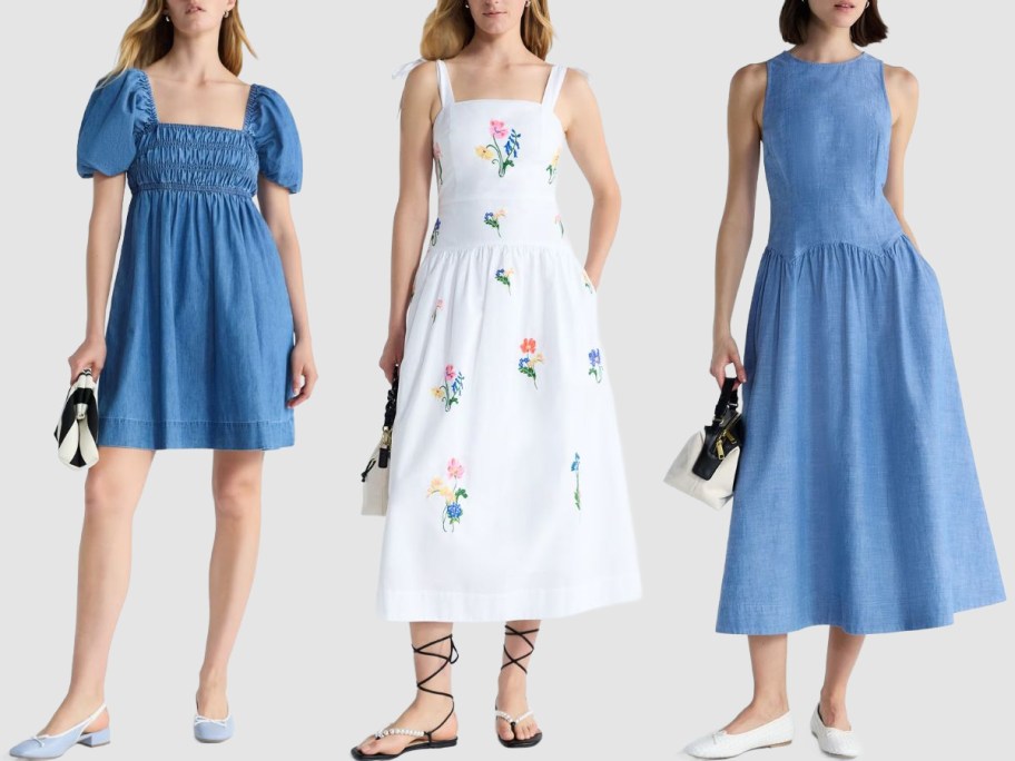 Stock images of 3 women wearing Free Assembly Dresses