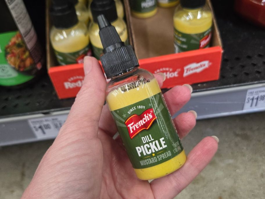 French's Dill Pickle Mini Mustard Spread 1.7oz in hand in store
