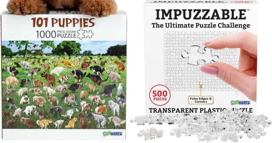 Funwares Original 101 Puppies 1,000-Piece Jigsaw Puzzle and 500-Piece ImPuzzable Clear Jigsaw Puzzle