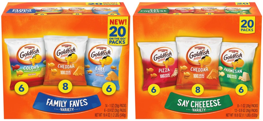 Goldfish Crackers Family Faves Variety Pack 20-Count and Goldfish Say Cheeeese Variety Pack 20-Count