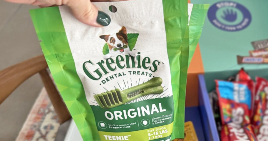 hand holding up a green bag of Greenies Dental Dog Treats