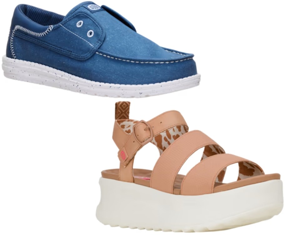 mens slip on shoes and womens platform sandal
