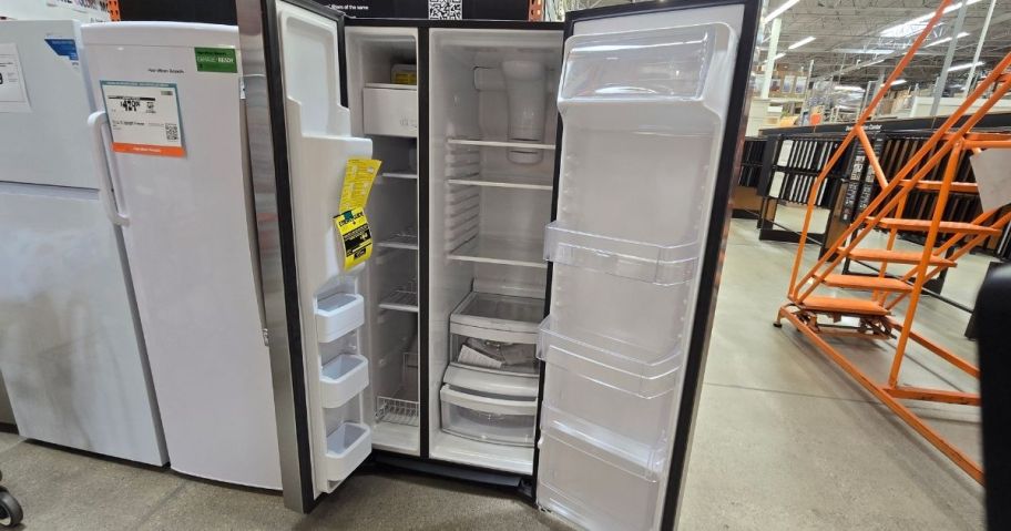 An open refrigerator at Home Depot