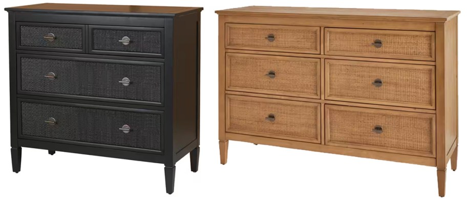 black and natural wood cane dressers