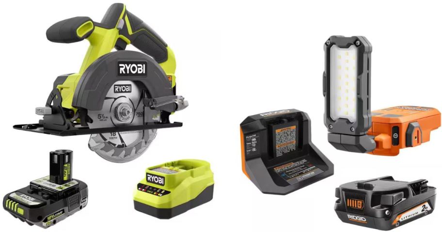 Stock mages of RYOBI and RIDGID Tools Set from Home Depot