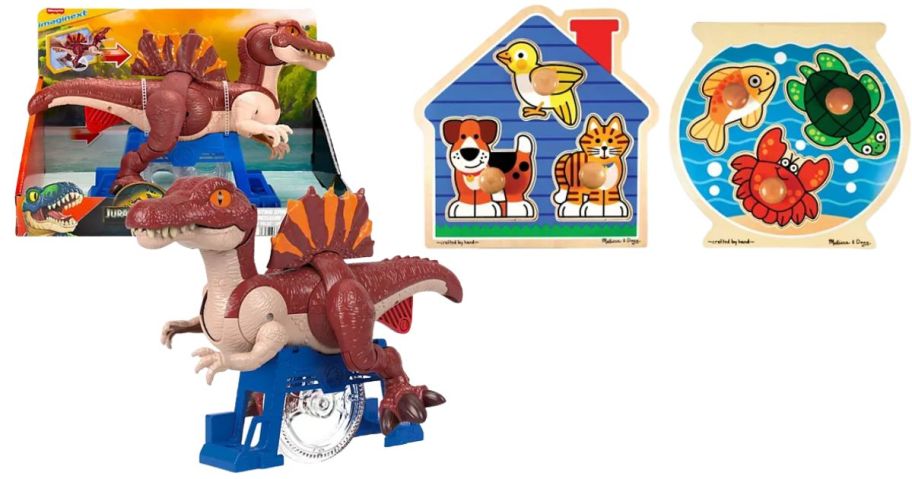 IMAGINEXT Jurassic World Sprinting Spinosaurus Dinosaur Toy w Lunge & Chomp and Melissa & Doug Fish & Pets Jumbo Knob Puzzle Bundle