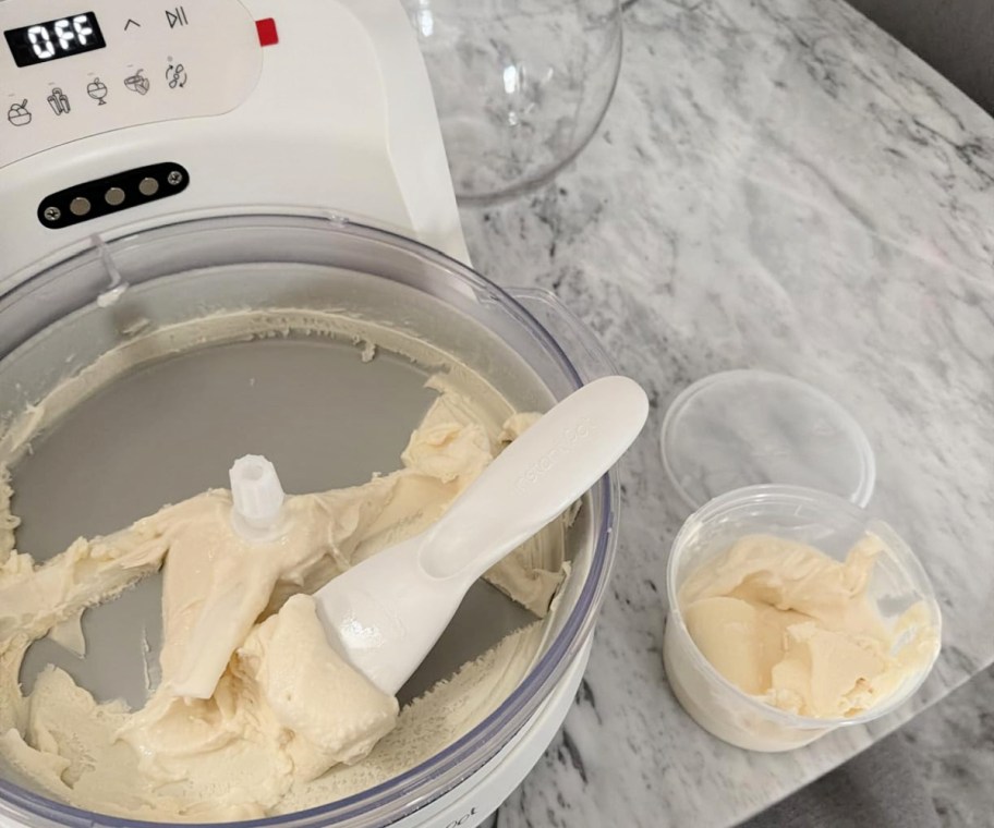 InstantPot InstantChill Ice Cream Maker ful of vanilla ice cream and a cup of ice cream on the side