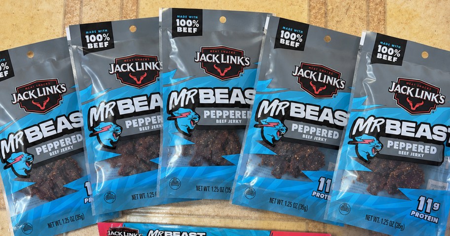 blue bags of Jack Link&rsquo;s x MrBeast Peppered Beef Jerky on kitchen floor