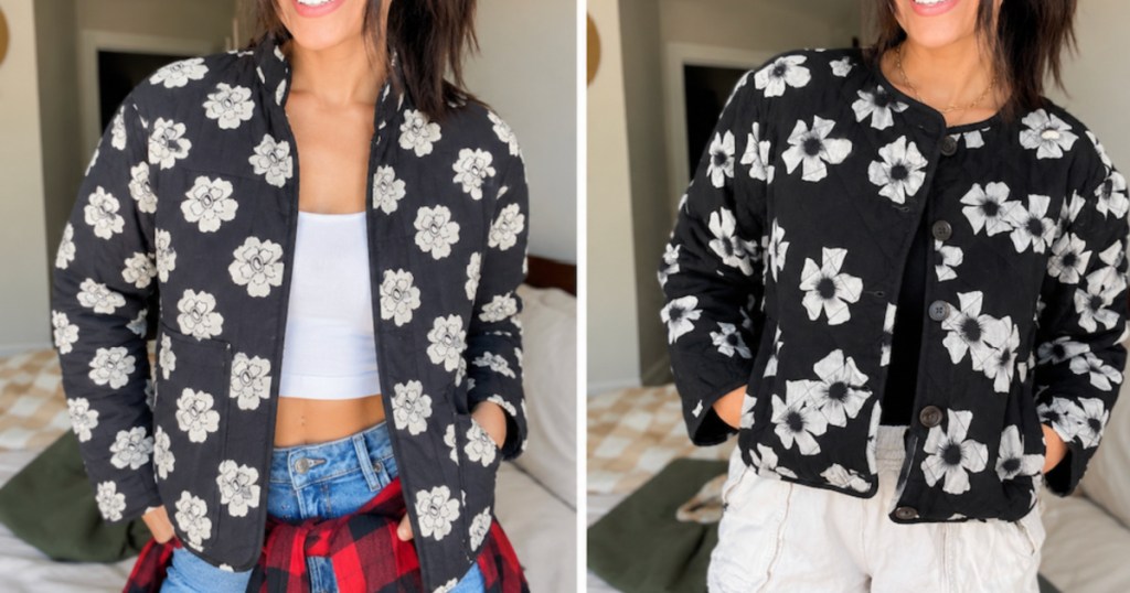 Two women wearing similar black quilted jackets