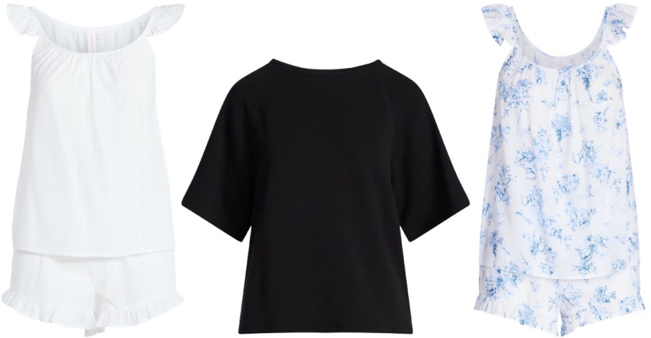 Three women's night gowns shown: a white sleeveless gown with ruffles, a loose black gown, and a white floral print gown with ruffled straps.