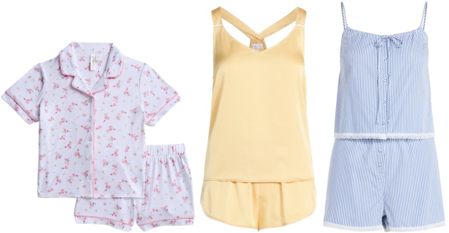 Three sets of women's sleepwear: a floral short-sleeve pajama set, a yellow camisole top, and a striped two-piece pajama set.