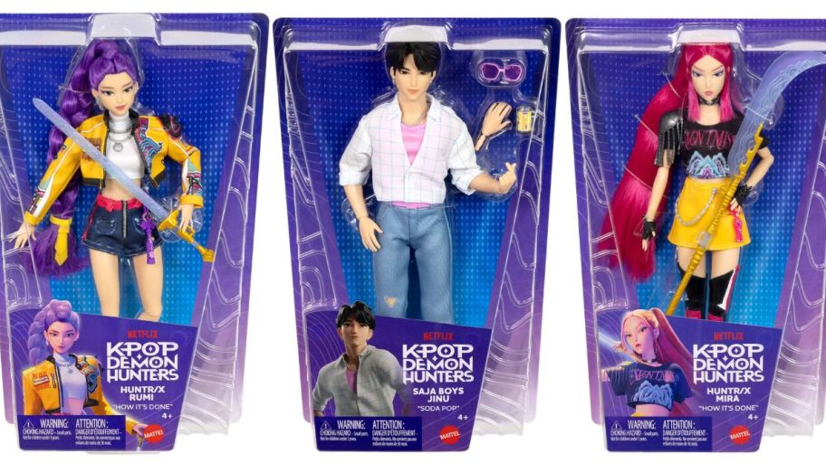 three different KPop Demon Hunters Fashion Dolls 