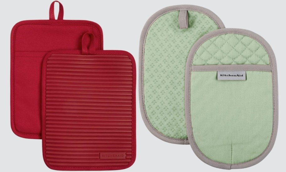 sets of red and pistachio colored pot holders