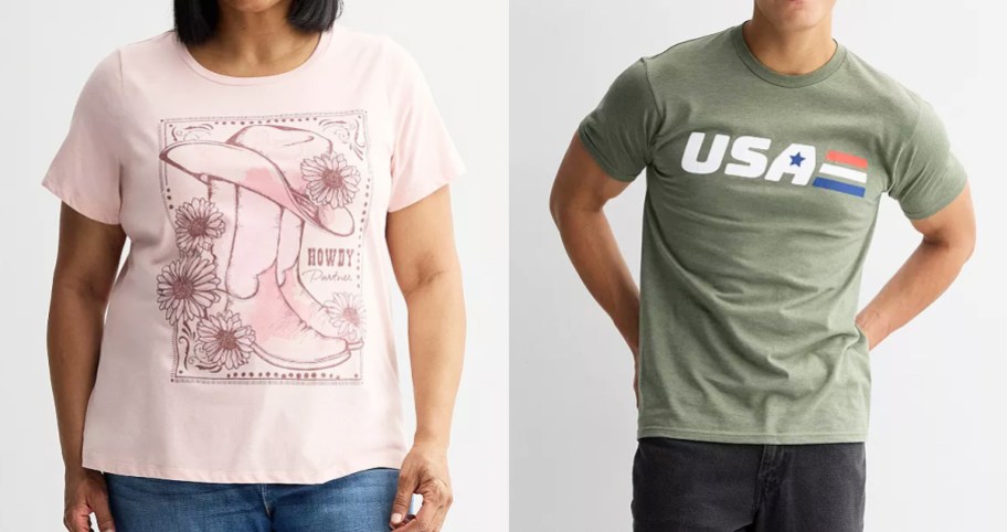 woman and man in pink and green graphic tees