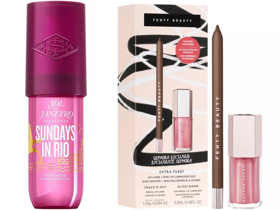 Stock images of a Sol de Janeiro Spray and A Fenty Lip Kit