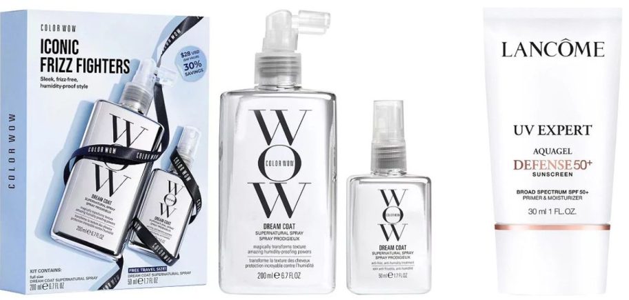 Stock images of a Colorwow Dream Coat Hair Set and Lancome Sunscreen Primer