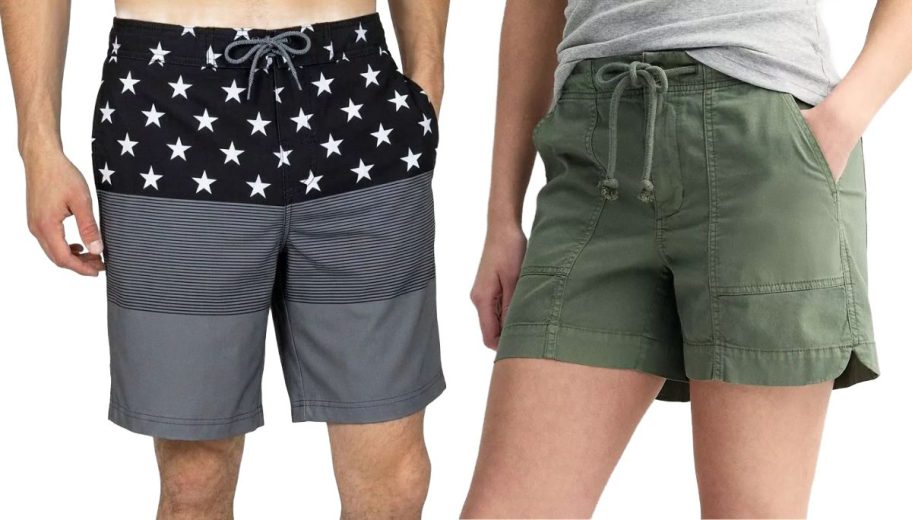 Stock images of a man wearing swim trunks and a woman wearing shorts from Kohl's