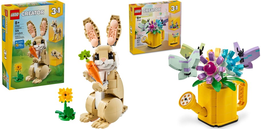 lego bunny and flowers in watering can sets