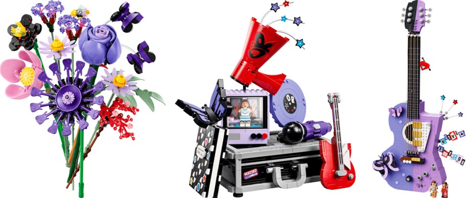 LEGO Olivia Rodrigo flowers, storage trunk, and guitar sets