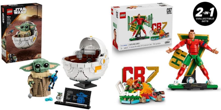 Stock images of Grogu from the Mandalorian and Cristiano Rinaldo LEGO Sets