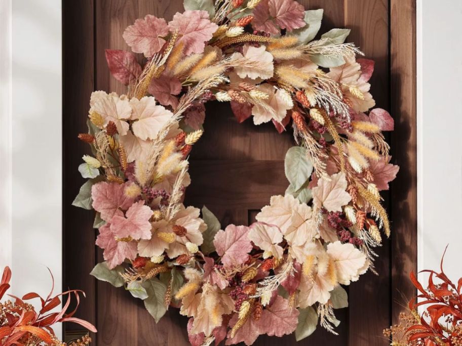 Large fall wreath leaves on the door