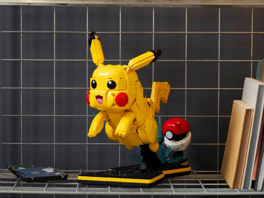 pikachu lego set in front of a gray tile wall