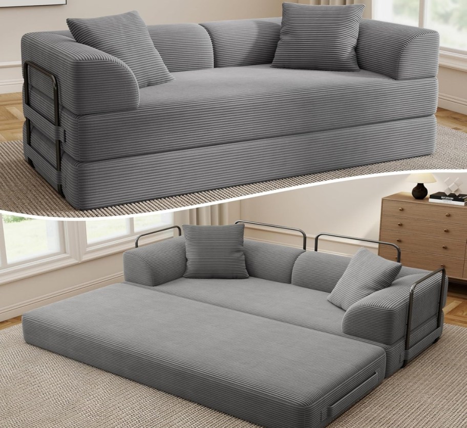gray convertible sofa bed set up as a couch and also laid out like a bed in living room