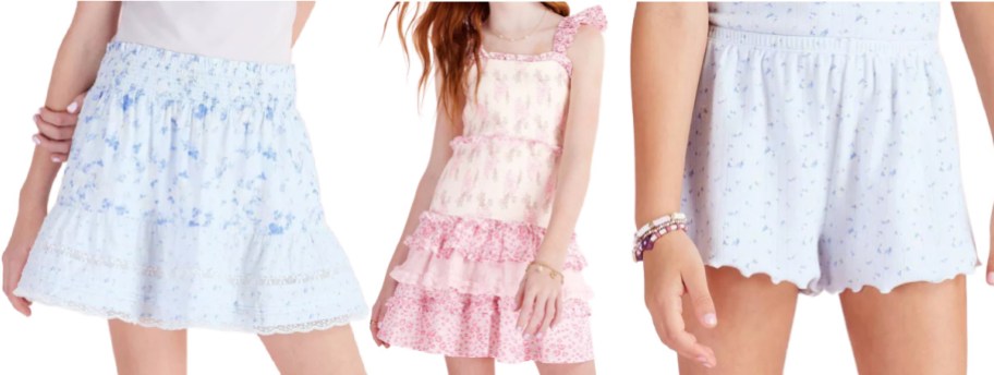 Three girls' pastel floral clothing items side-by-side: a light blue smocked skirt, a pink tiered smocked dress, and light blue shorts.