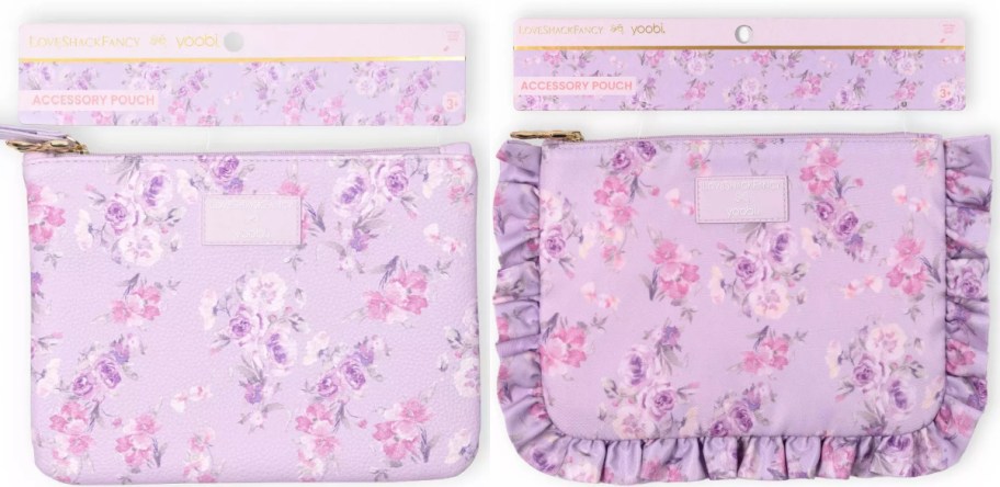 Two light purple floral accessory pouches side-by-side, one rectangular and one with ruffled edges.