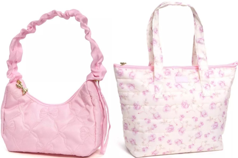 Two quilted bags side-by-side: a solid pink shoulder bag and a light pink floral tote bag.