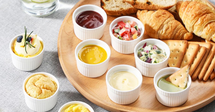 dips and desserts in mini white ramekins