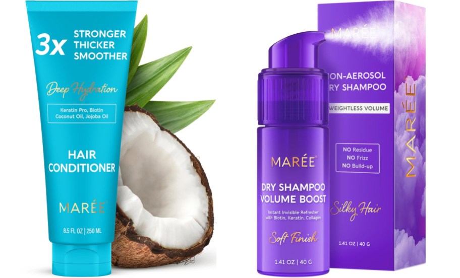 hair conditioner and dry shampoo bottles