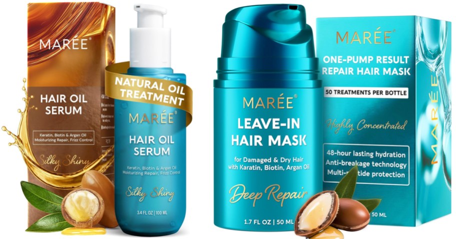 blue bottles of hair oil and conditioning mask