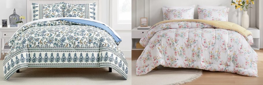 two floral print comforter sets on beds