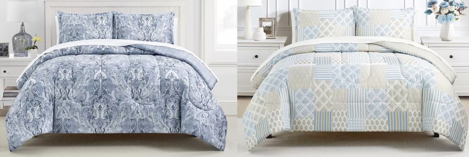 two blue comforter sets on beds