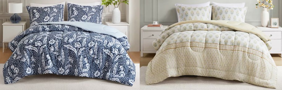 blue and yellow comforter sets on beds