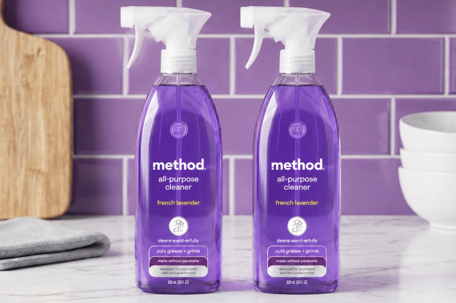 two purple bottles of Method All-Purpose Cleaner Sprays on kitchen counter