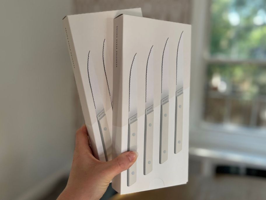 Hand holding two 4-count boxes of Misen Steak KNIVES