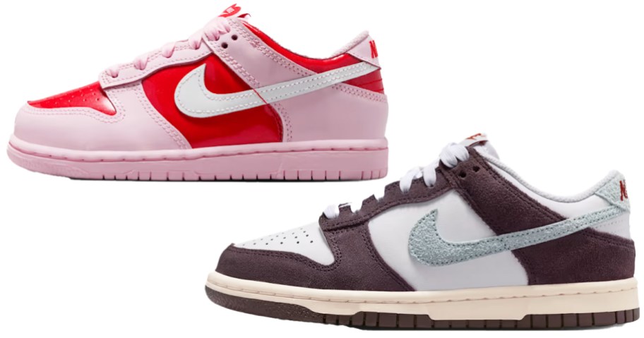 pink and brown pairs of nike sneakers