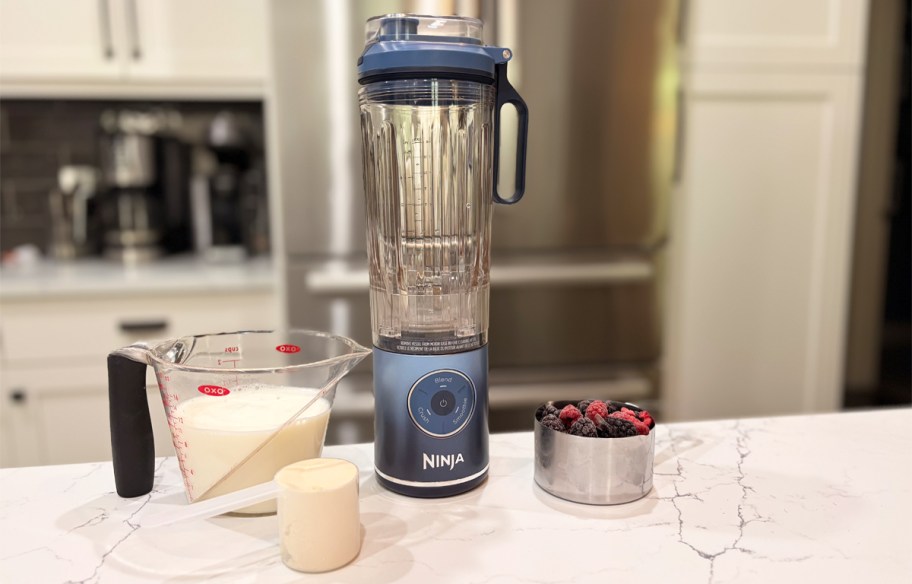 blue personal blender on counter with berries, milk, and scoop of protein powder