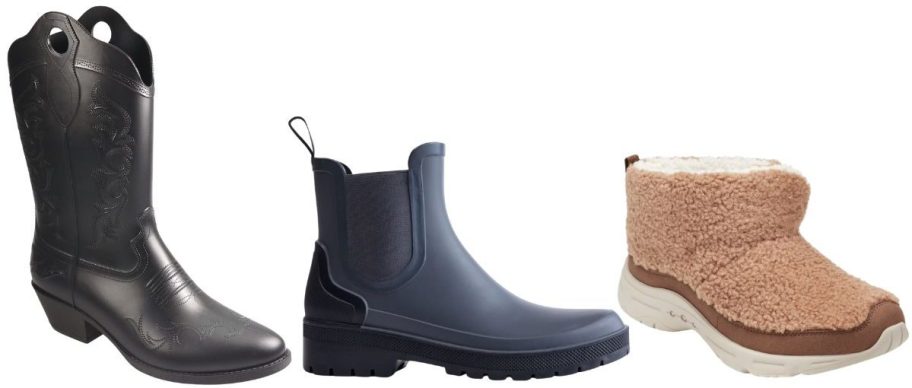 black No Boundaries Women's Cowboy Rain Boots, blue, Time and Tru Women's Chelsea Rain Boots, and beige Easy Spirit Women's BRINDLE2 Cozy Winter Booties