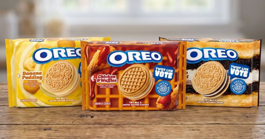 OREO Banana Pudding, Deep Fried, & Chicken & Waffles Cookies packages on table