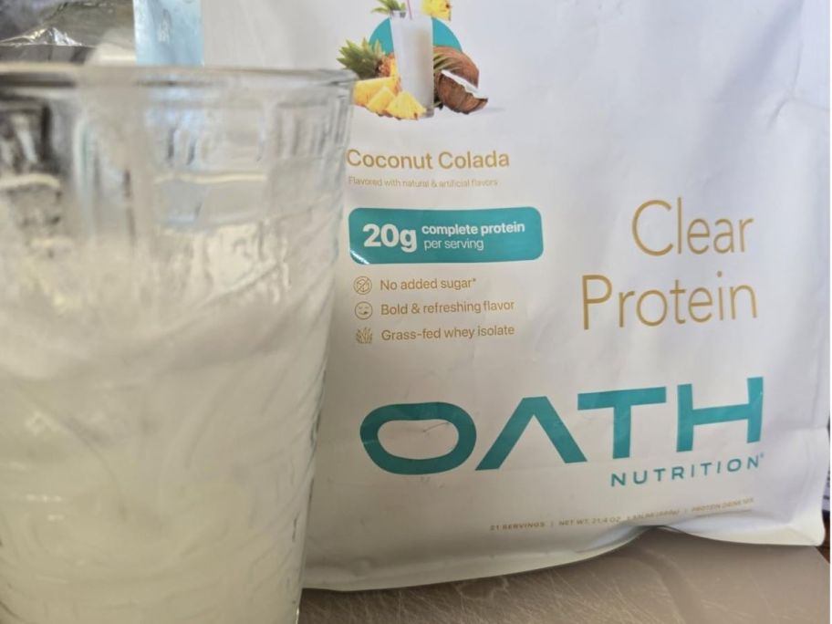 Oath Nutrition Clear Whey Isolate Protein Powder 21-Servings - Coconut Colada bag on counter