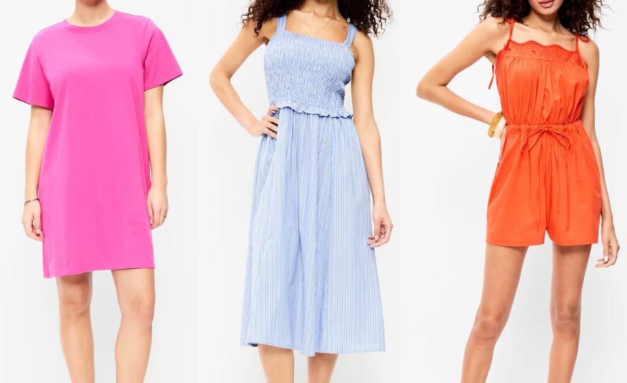 three women modeling dresses and rompers