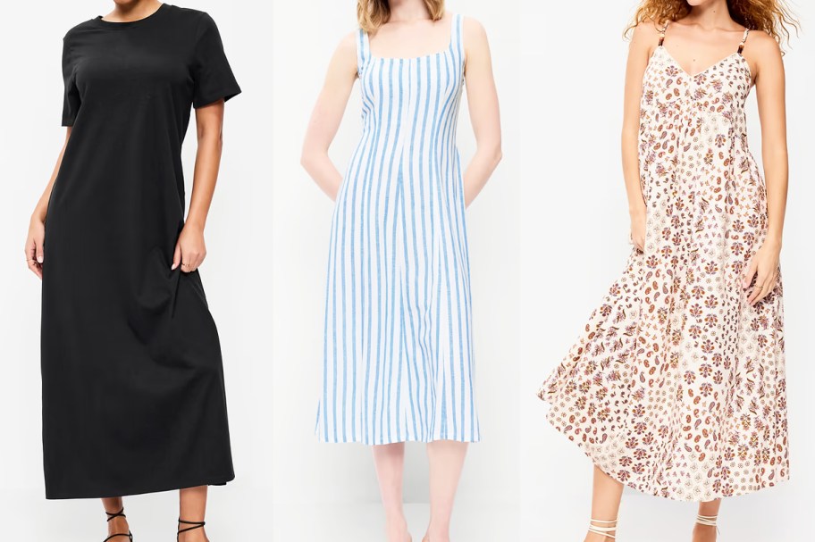 three women modeling maxi dresses