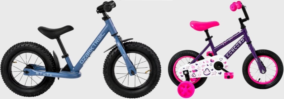 a bablance bike and a kids bike with training wheels