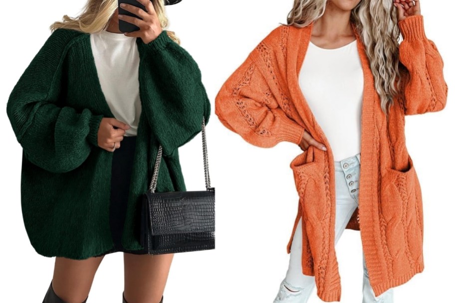 two women in open front cardigans